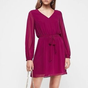 Express magenta tie waist long sleeve blouson dress ❤️